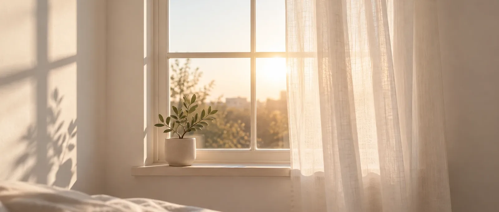 Morning light falls through a window with a sheer linen curtain, a small plant on the sill.