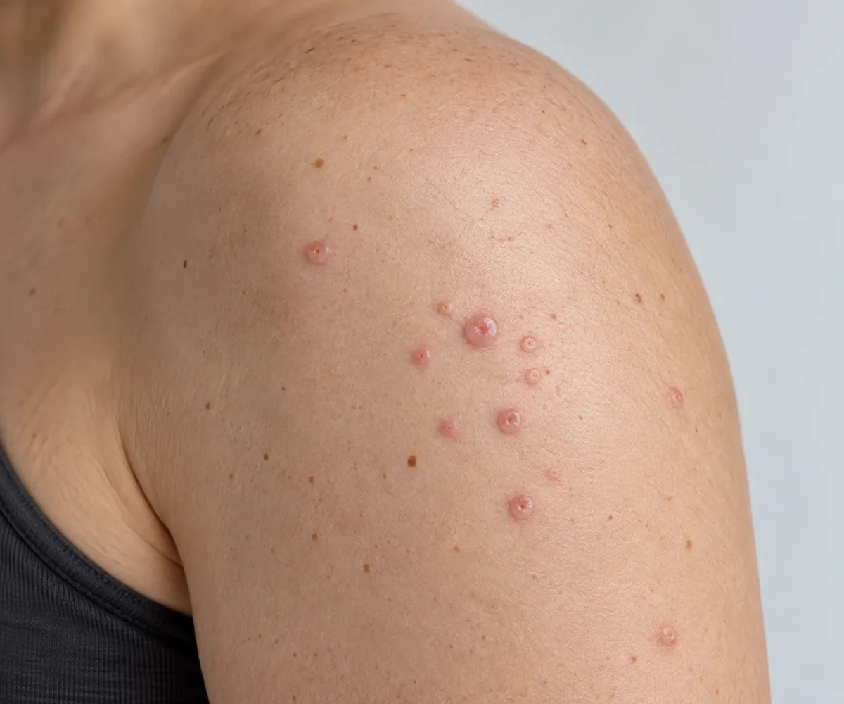 Close-up of a shoulder with several small, shiny bumps with a dimple in the centre.