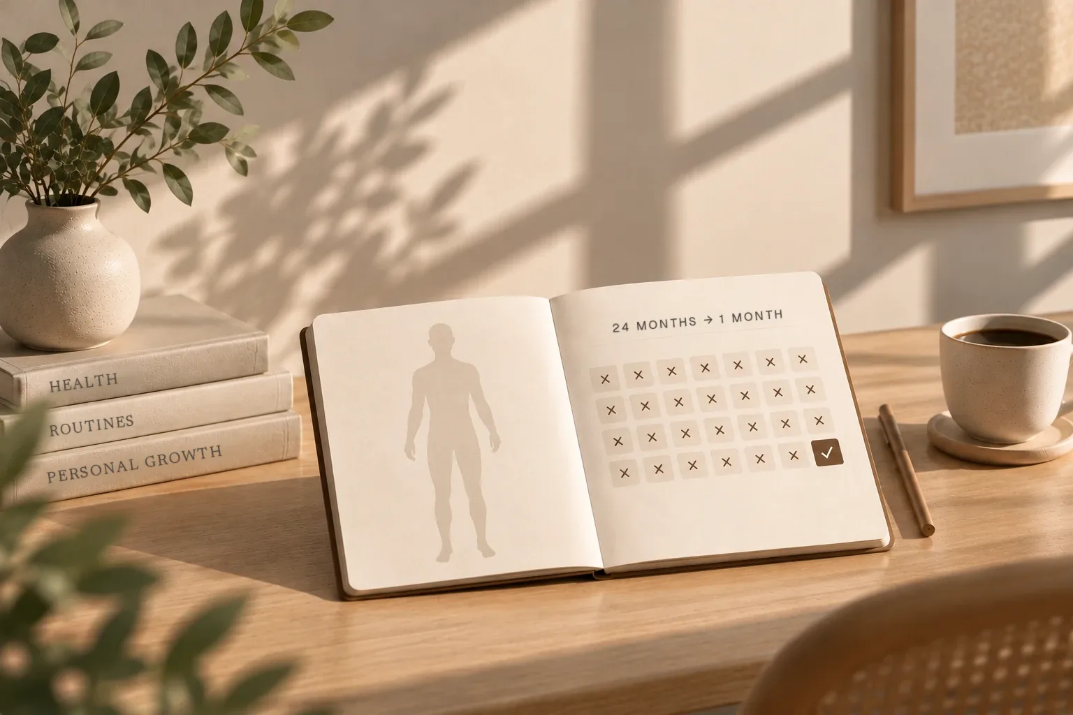 An open notebook on a light wooden table titled “24 months → 1 month” with 28 boxes, the last one ticked. Next to it books, a vase with eucalyptus and a cup of coffee.